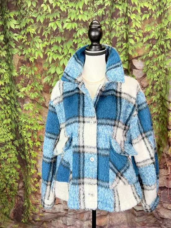 ZARA Blue and White Shaggy Plaid Button Front Casual Jacket, L - Picture 3 of 11